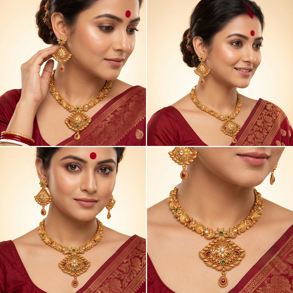 Royal Heritage Gold-Tone Necklace Set with Matching Drop Earrings