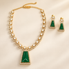 Premium Gold-Tone Geometric Green Stone Necklace and Drop Earrings Set