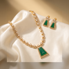Premium Gold-Tone Geometric Green Stone Necklace and Drop Earrings Set