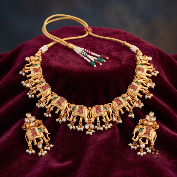 Premium Gold-Tone Elephant Motif statement Necklace and Drop Earrings Set with Multicolour Enamel Detailing